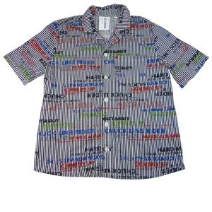 COLLUSION Mens Short Sleeve Button Up Size S Black White Stripe Graphic Print